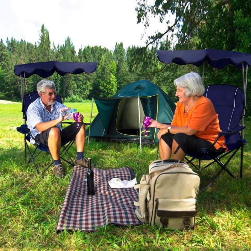 Outdoor Canopy Folding Beach Chair With 2 Cup Holders, 600D PVC Fabric - 38in x 26.5in x 51in