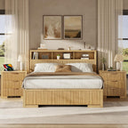 Fluted Nightstand Set Of 2 With Charging Station, 23.6 in, 3 Drawers, Natural Oak