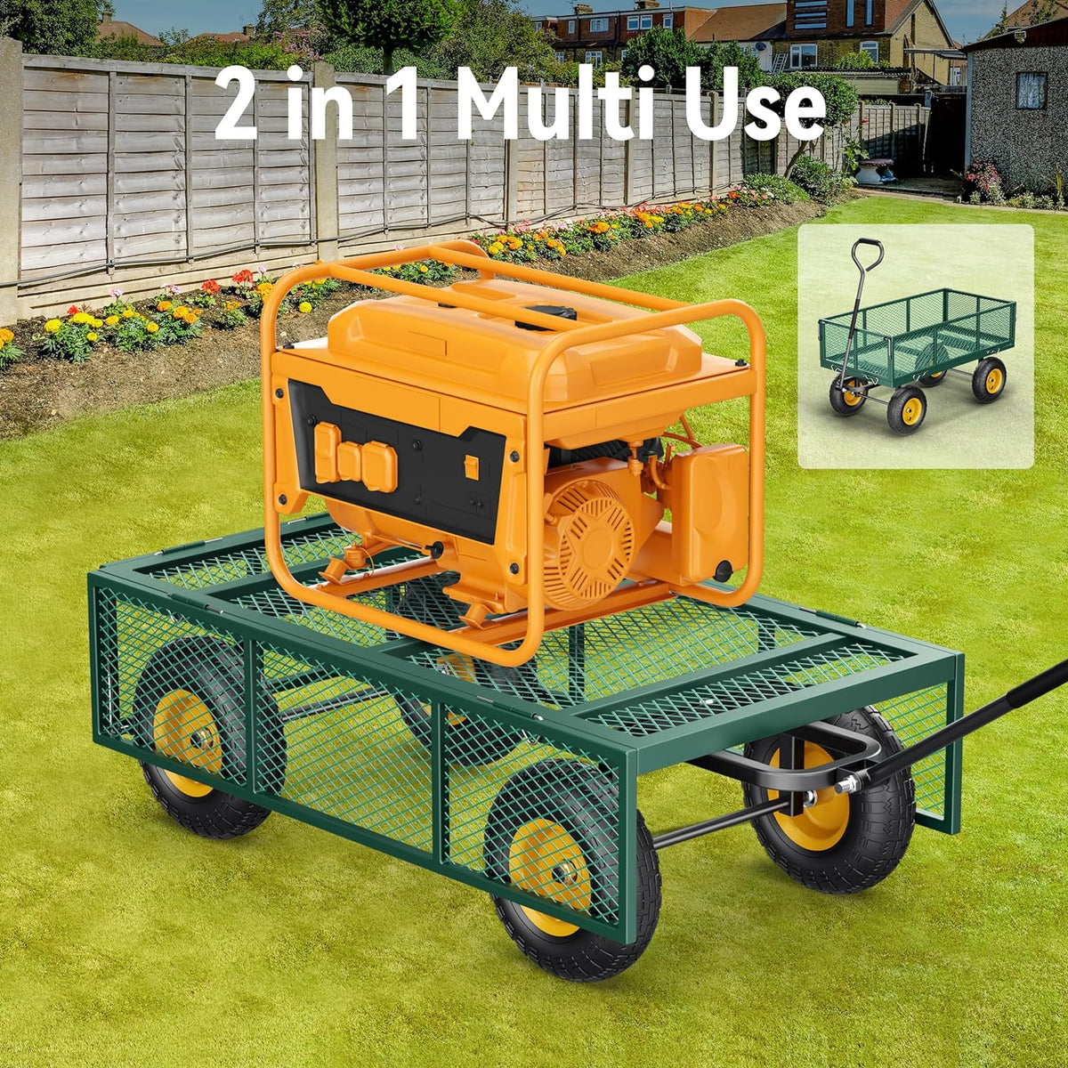 Vibemo Steel Garden Cart 2-in-1, 1400 lbs, 13 in Pneumatic Tires, Black - VB-GC02