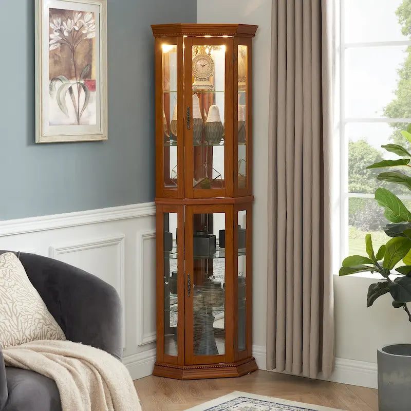 Corner Curio Display Cabinet With Lights, Mirrored Back And 6 Tempered Glass Shelves