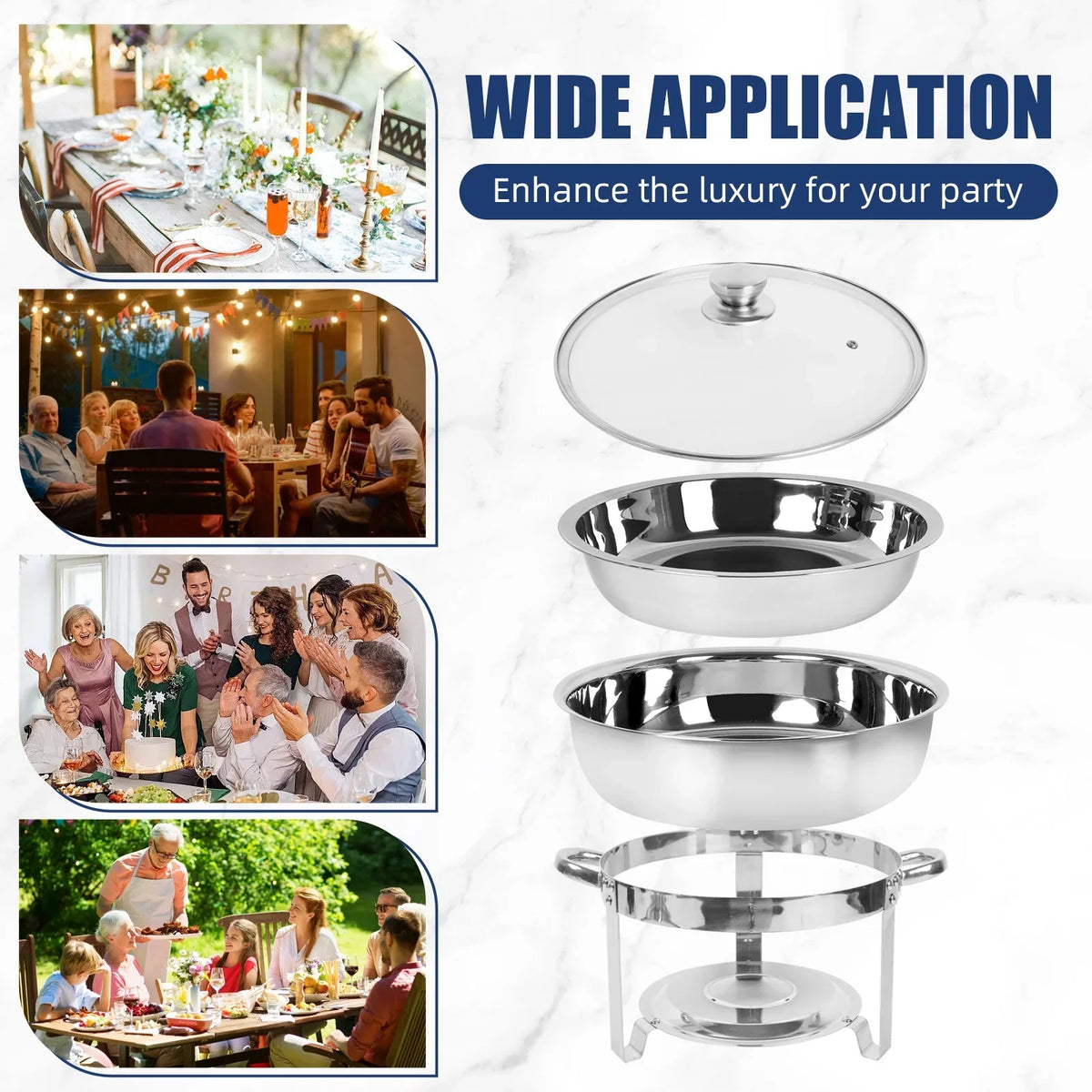 IMACONE 5QT Stainless Steel Round Chafing Dish Buffet Set, 2-Pack With Glass Lid