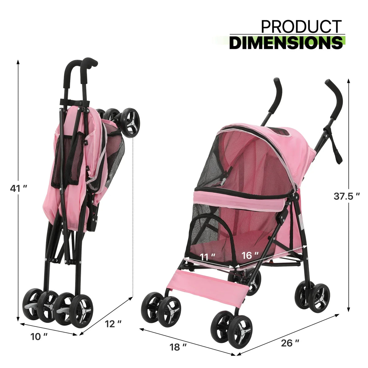 Magshion 4 Wheel Foldable Pet Stroller for Small Medium Dogs, Pink, 22 lbs