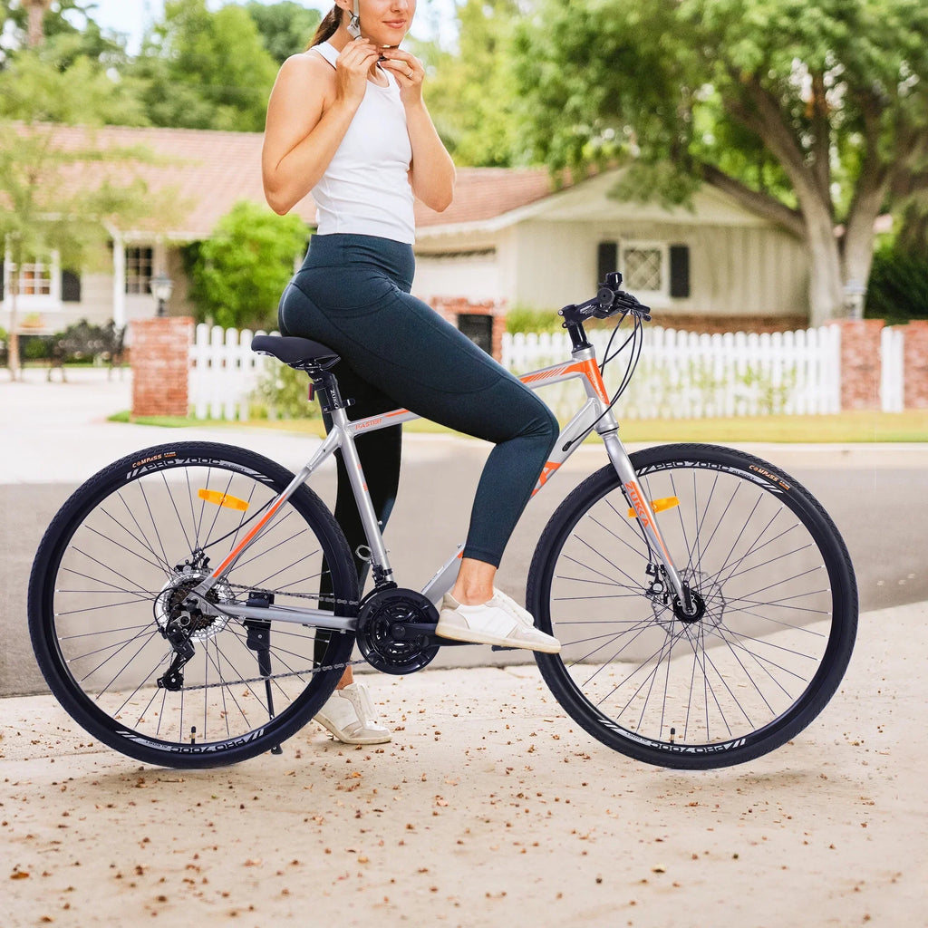 Men's Hybrid Road Bike 28 inch 700C Wheels, 21-Speed, 21-inch Aluminum Frame - Silver and Orange