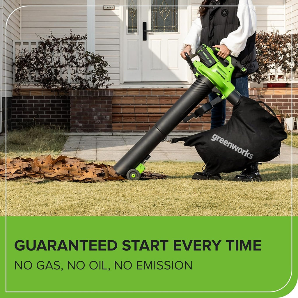Greenworks 40V Cordless Brushless Leaf Blower Vacuum With Bag, 230 MPH, 505 CFM, 5.0Ah Battery And Charger