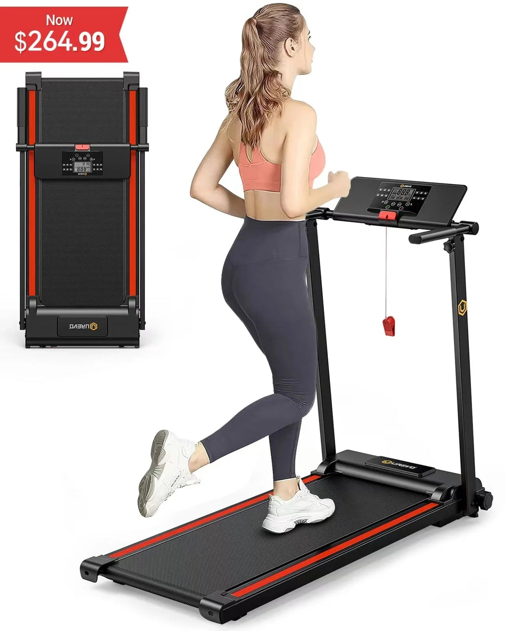 UREVO Folding Treadmill - 2.25HP, 12 HIIT Modes, 265 lbs Capacity, Yellow Or Red