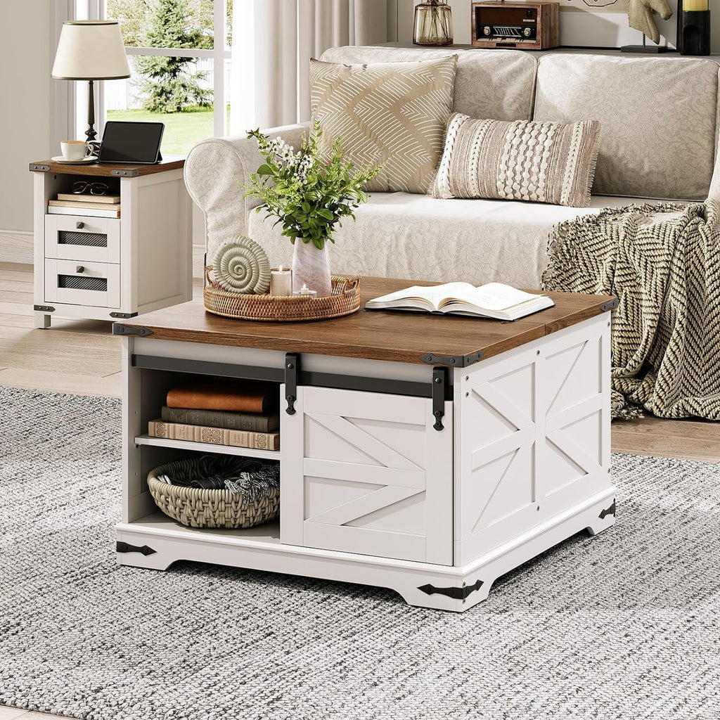 HOOBRO Farmhouse Lift-Top Coffee Table With Sliding Barn Door, White And Walnut, 31.3in L x 31.5in W x 19.7in H - WH80KF01