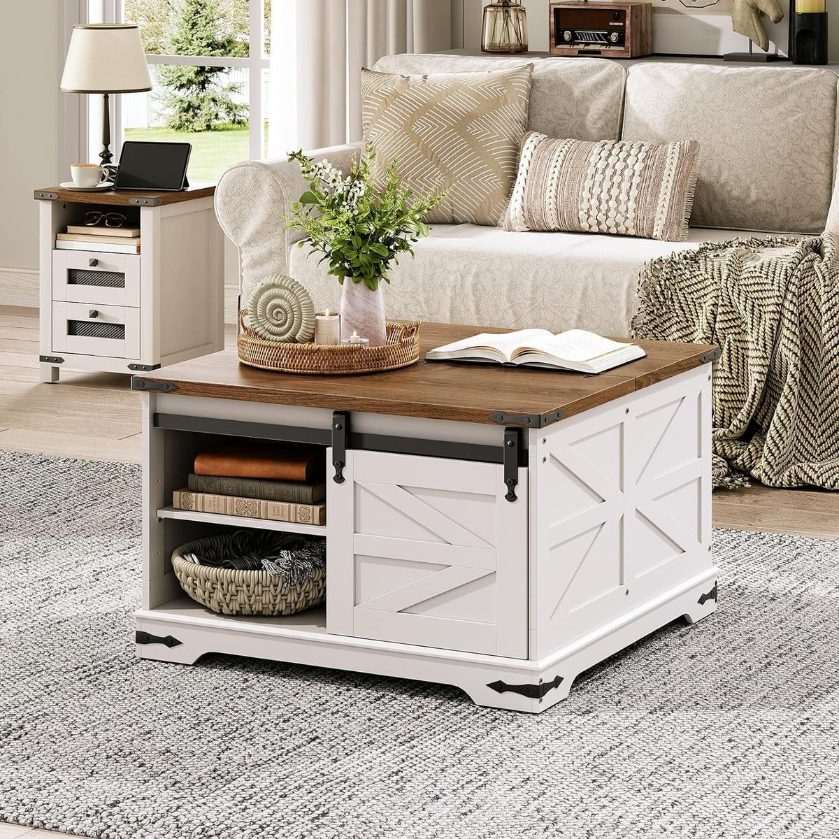 HOOBRO Farmhouse Lift-Top Coffee Table With Sliding Barn Door, White And Walnut, 31.3in L x 31.5in W x 19.7in H - WH80KF01