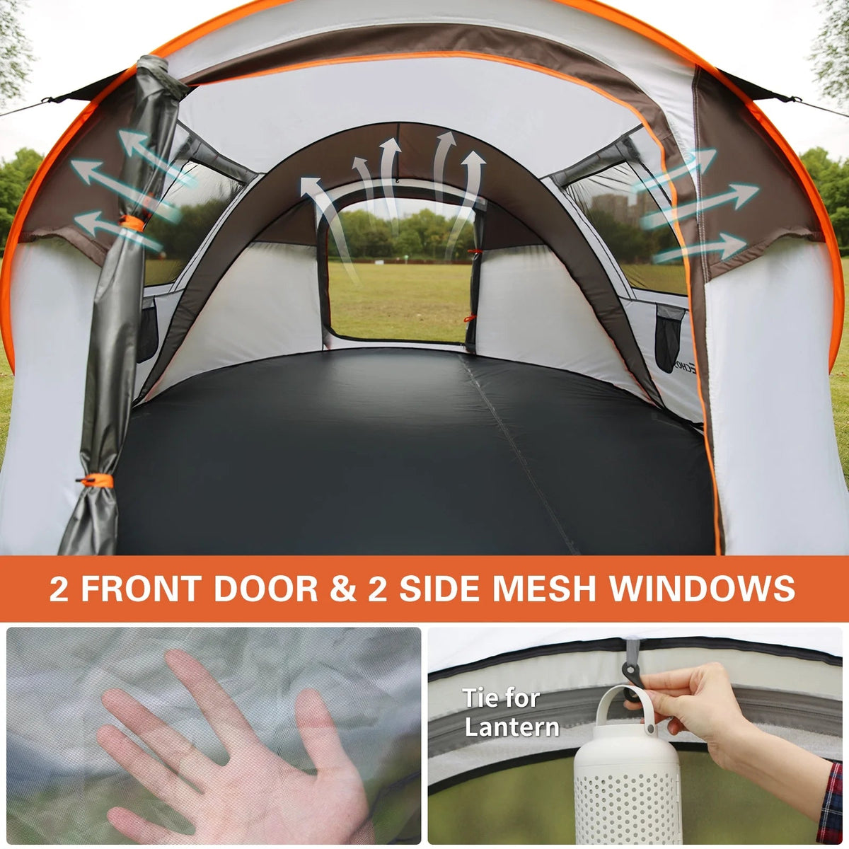 6 Person Instant Cabin Pop Up Tent, White + Orange, 10 Second Setup