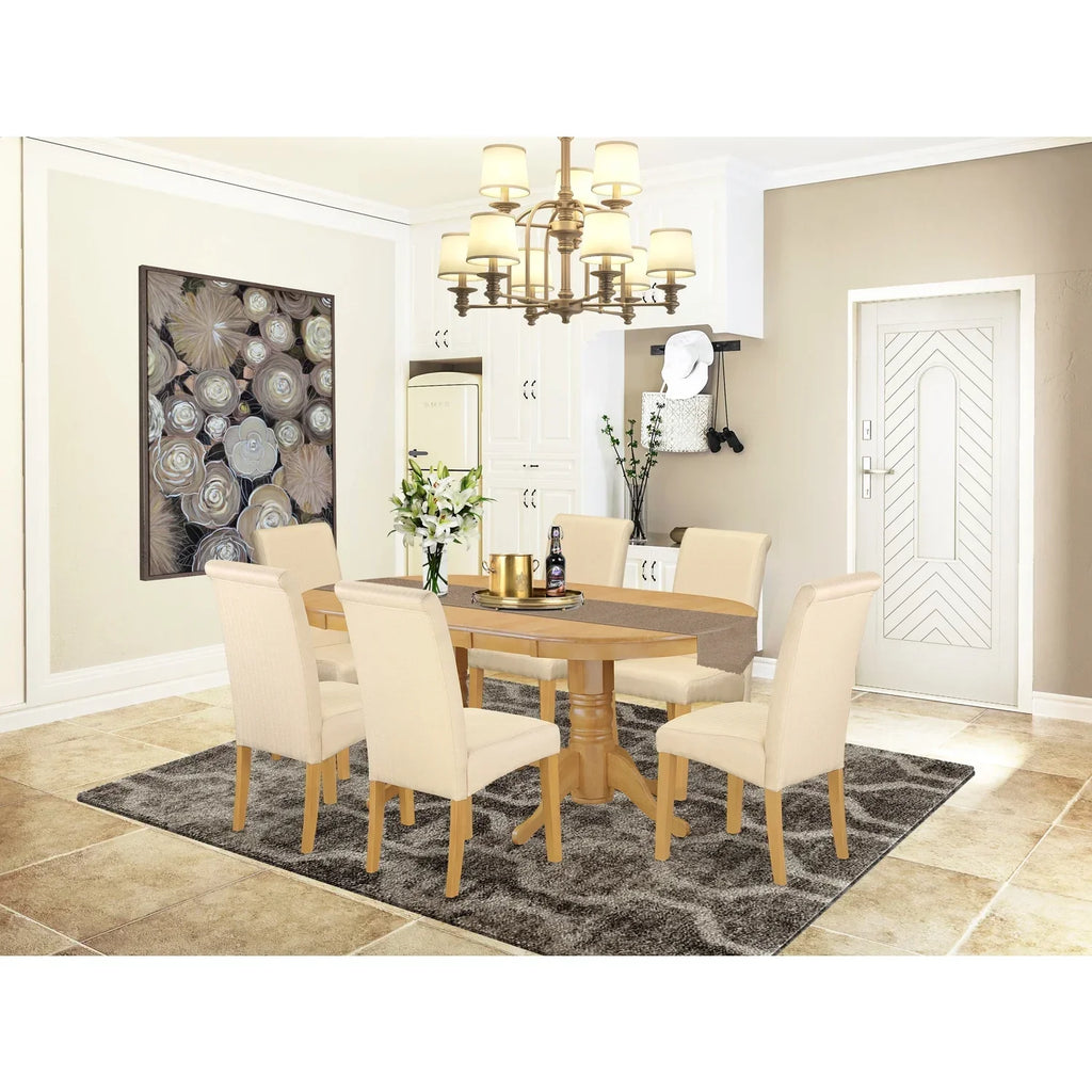 HomeStock 7Pc Oval Dining Room Table Set With Linen Beige Fabric Parson Chairs And Oak Chair Legs - Asian Allure