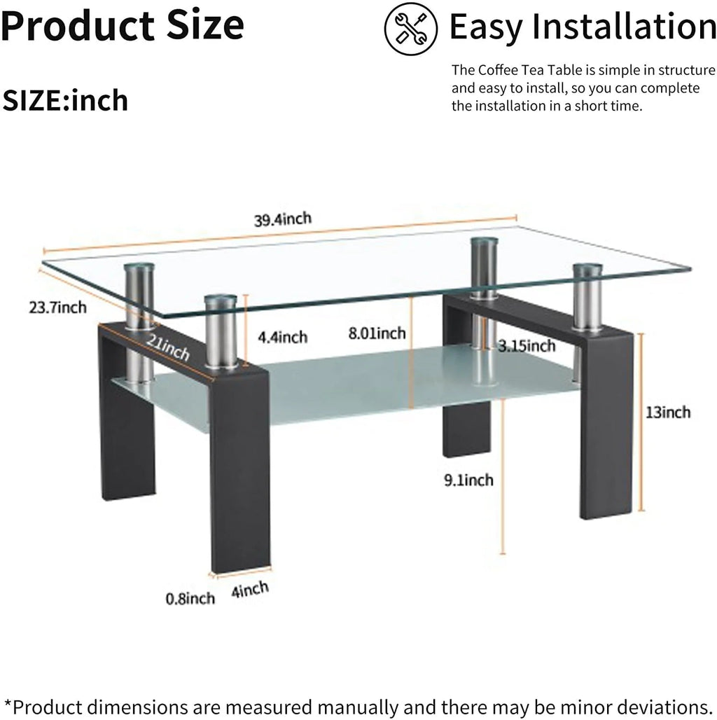 SEGMART Glass Coffee Table With Lower Shelf, 39.4 x 24 x 17.7 in - L5509