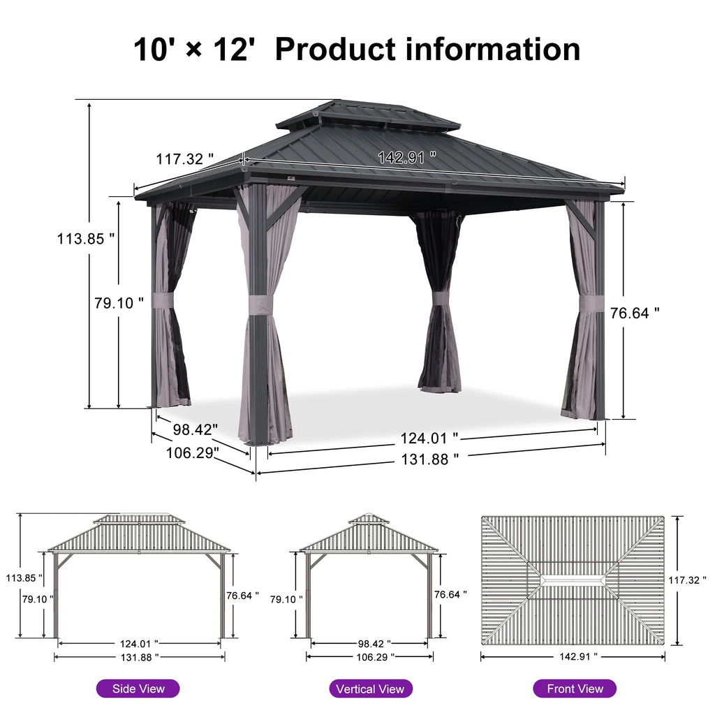 PURPLE LEAF Outdoor Hardtop Gazebo, 8' X 8', Galvanized Steel Double Roof, Aluminum Frame, Grey
