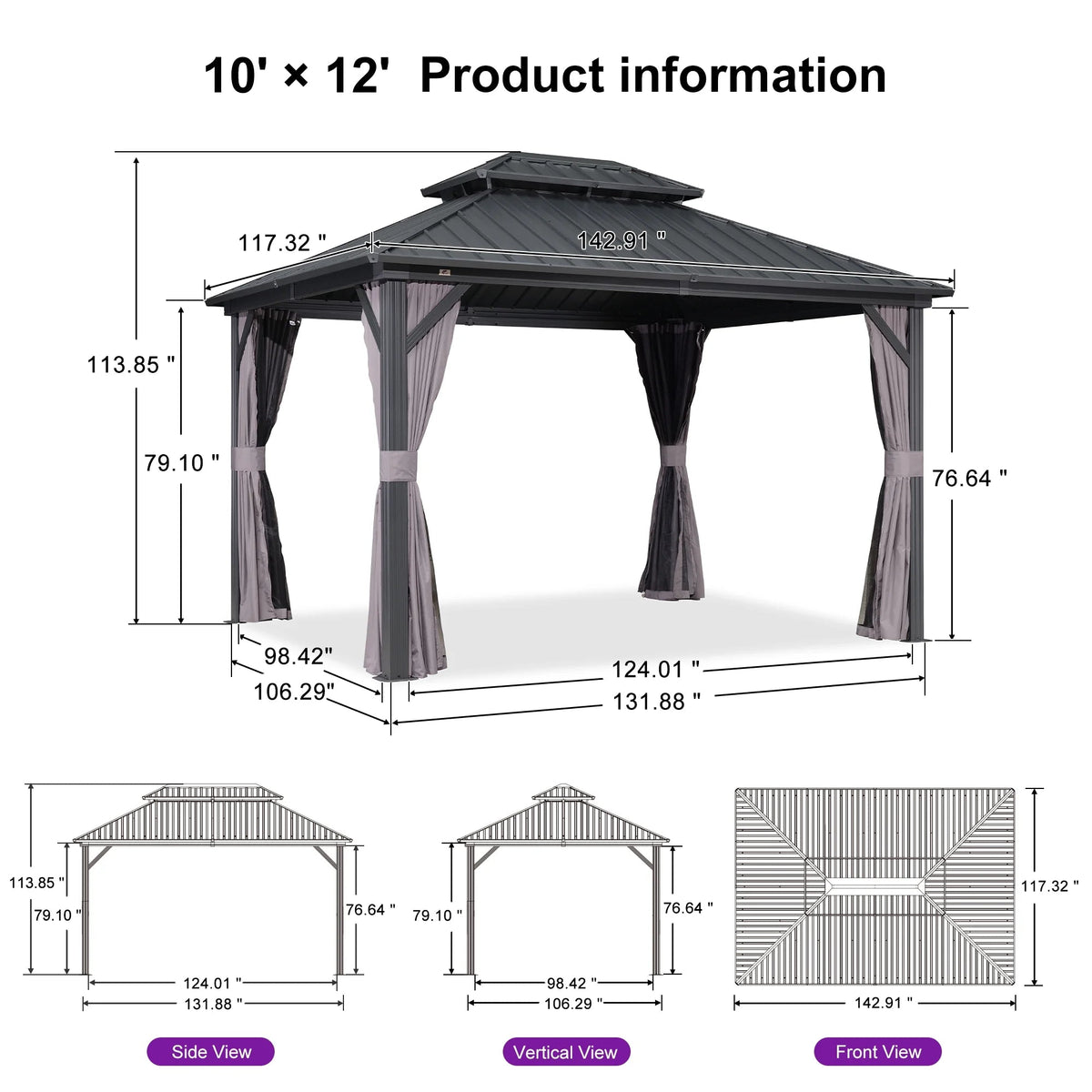 PURPLE LEAF Outdoor Hardtop Gazebo, 8' X 8', Galvanized Steel Double Roof, Aluminum Frame, Grey
