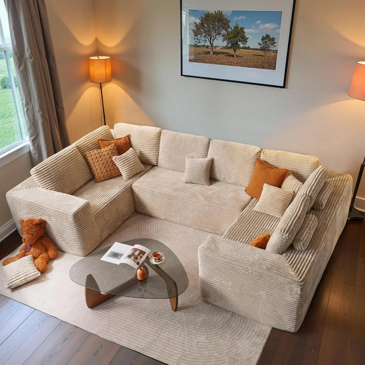 ovios 104in L-Shape Sectional Sofa With Chaise, Grey Plush Corduroy Fabric