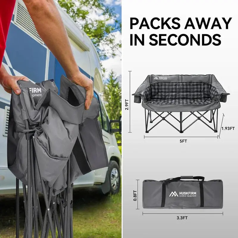 Double-Person Padded Folding Camping Loveseat Chair, 21in D x 30in W x 36in H, 800 LB Capacity