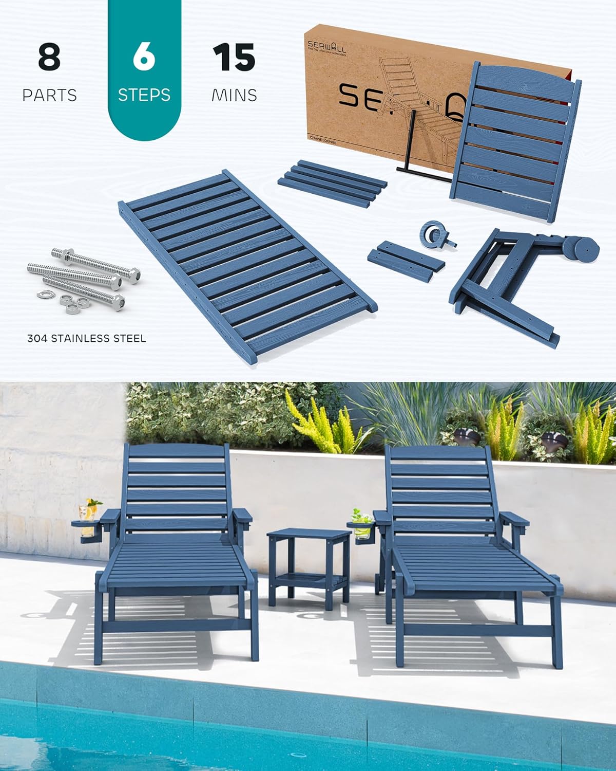 SERWALL Patio Chaise Lounge Chair Set Of 2, 78 Inch, 5-Position Adjustable, HDPE - Blue