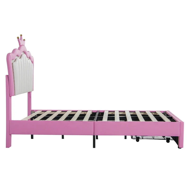 Twin Upholstered Bed Frame With LED Lights, Crown Headboard, Drawer, Pink+White - 76.8L x 44.1W x 51H