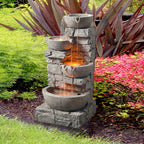 Teamson Home Outdoor Stacked Stone Tiered Water Fountain With LED Lights, Gray - 33.25in