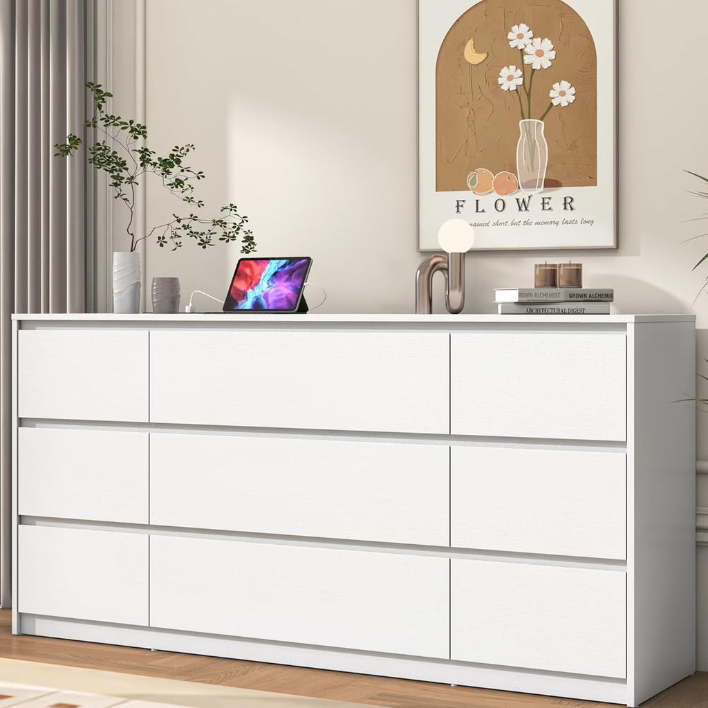 ChVans 9-Drawer Dresser With Charging Station, Black, 63in x 15.7in x 31.5in