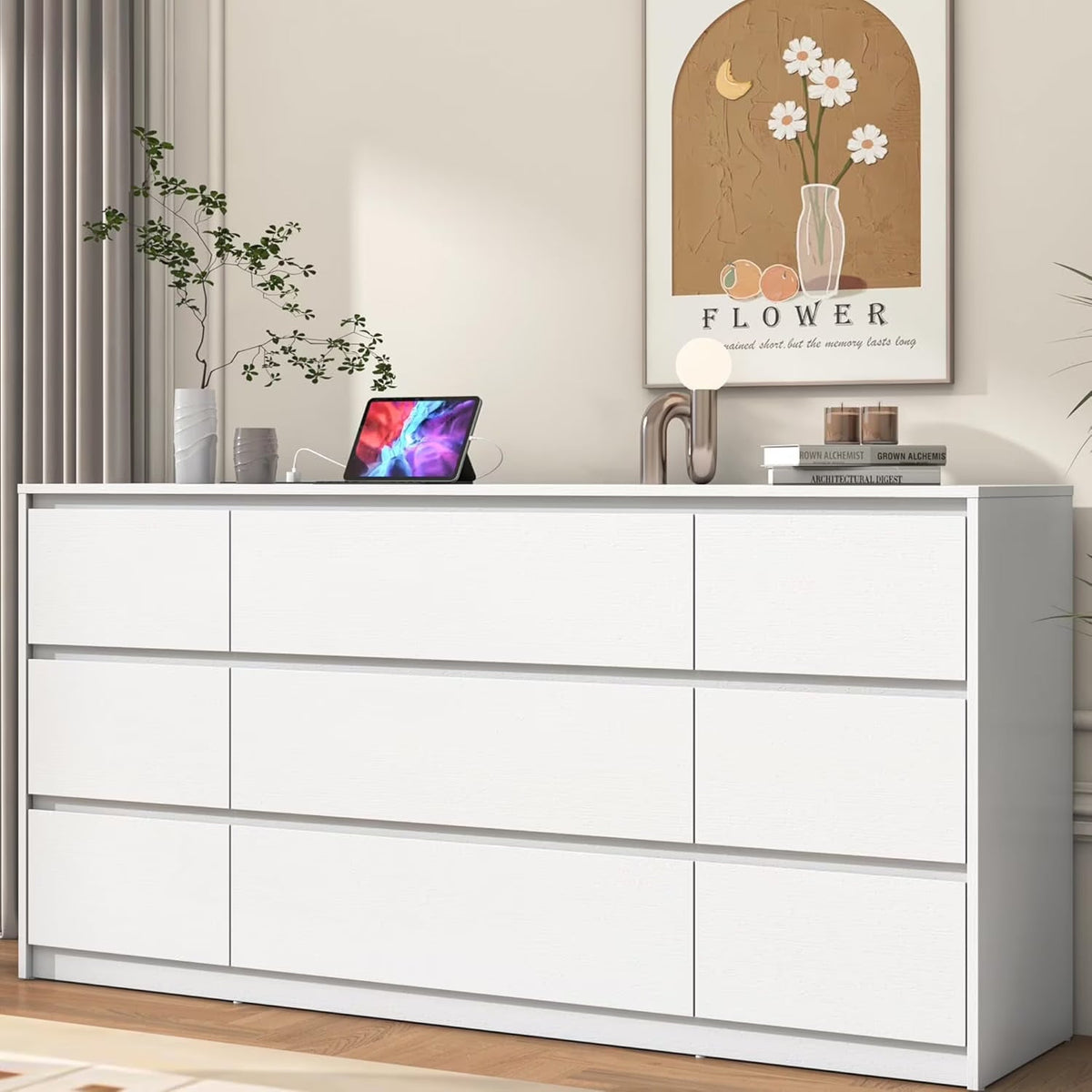 ChVans 9-Drawer Dresser With Charging Station, Black, 63in x 15.7in x 31.5in