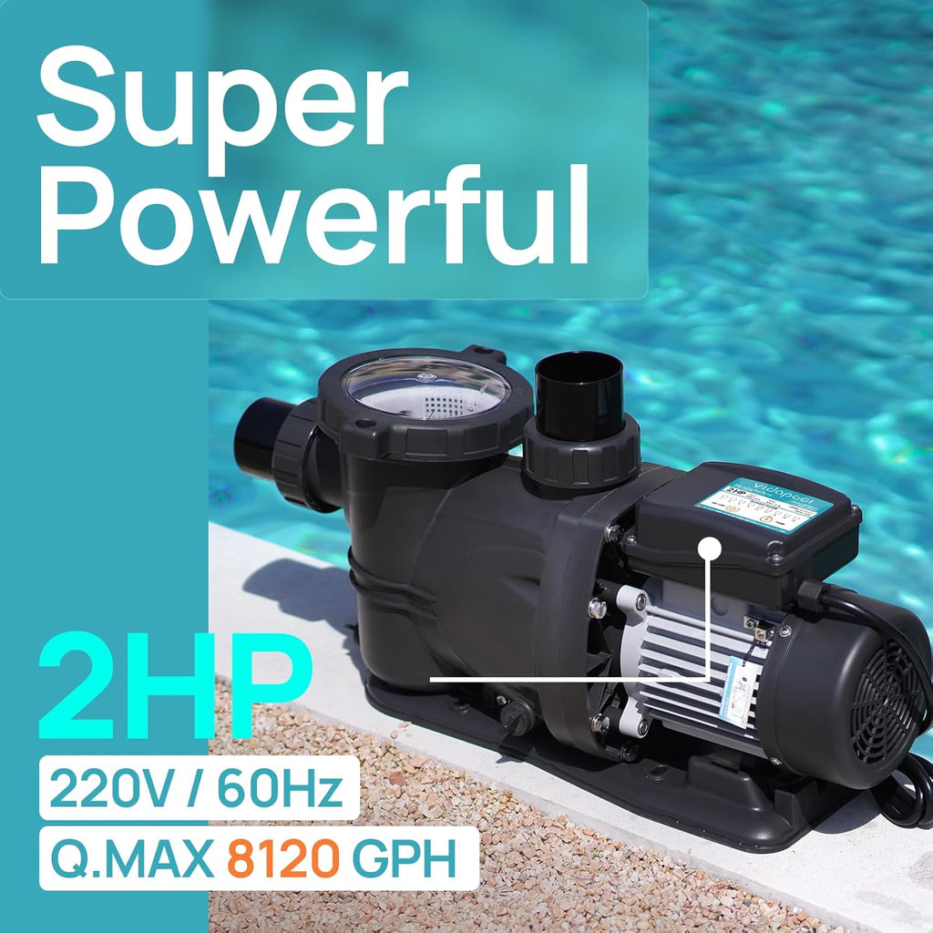 Vidapool In/Above Ground Pool Pump, Self-Priming, 2HP, 8120 GPH, 220V With Timer