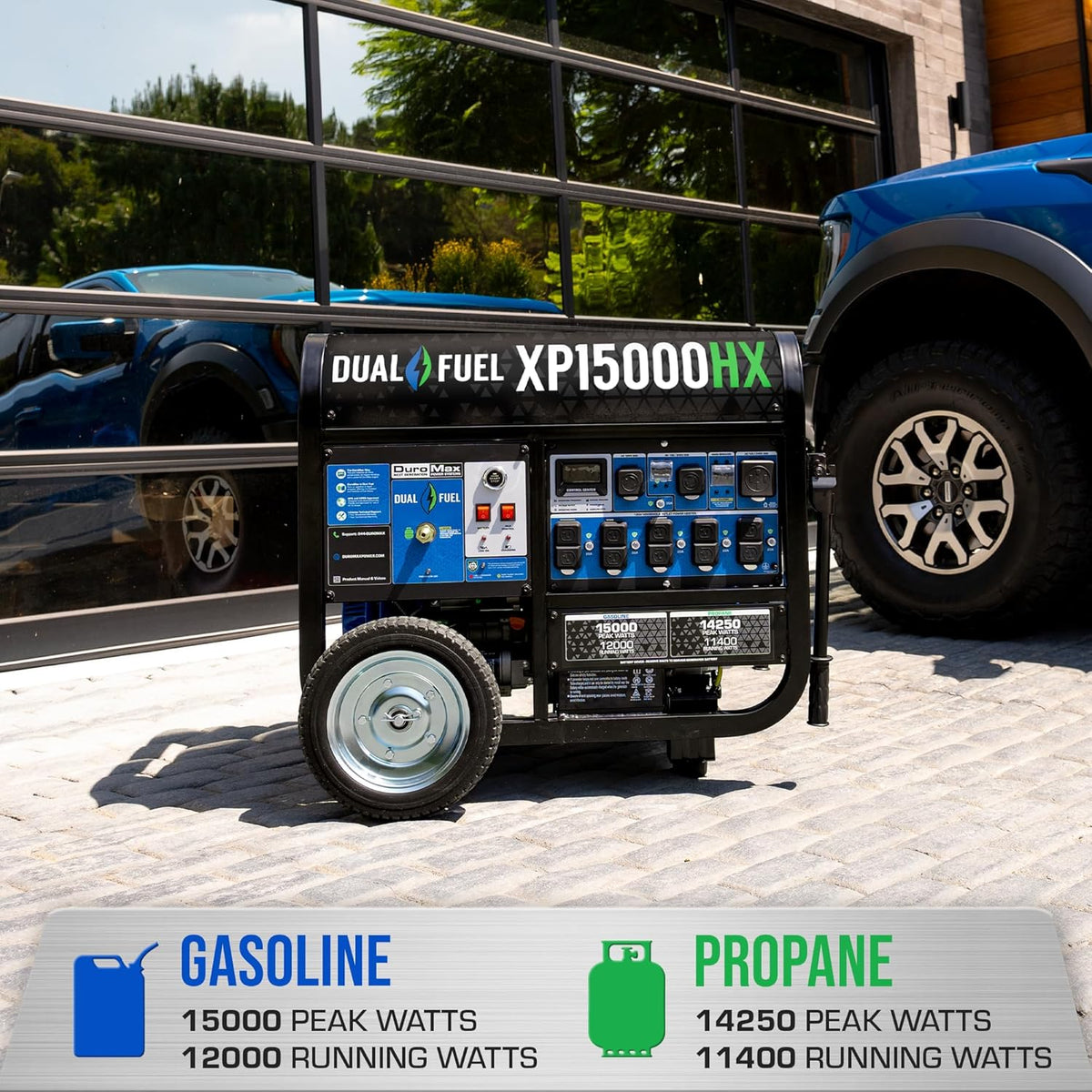DuroMax Dual Fuel Portable Generator, 15 000-Watt, Gasoline and Propane, Remote Electric Start - XP15000HX