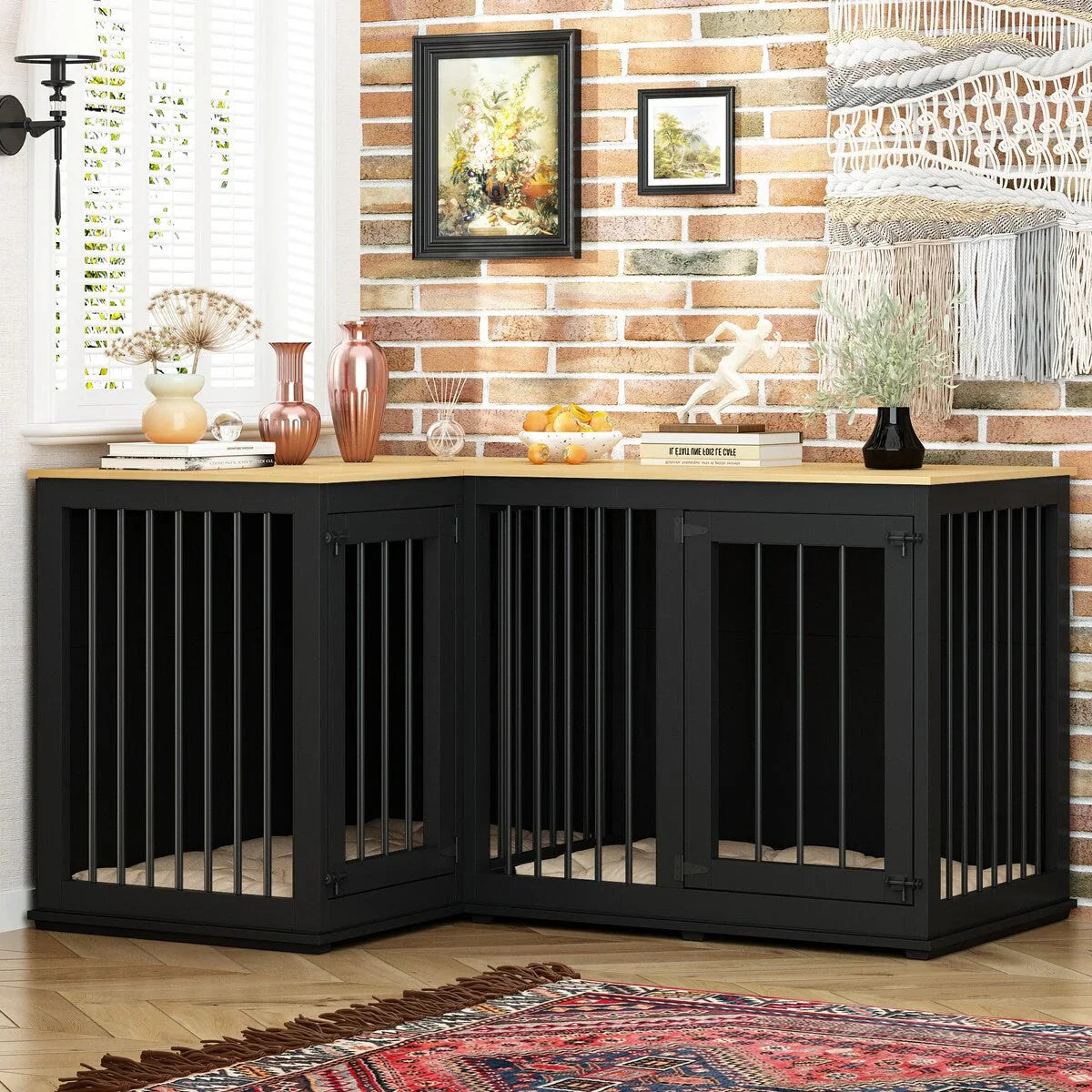 L Shape Corner Dog Crate Furniture For 2 Dogs, 58.7X41.1