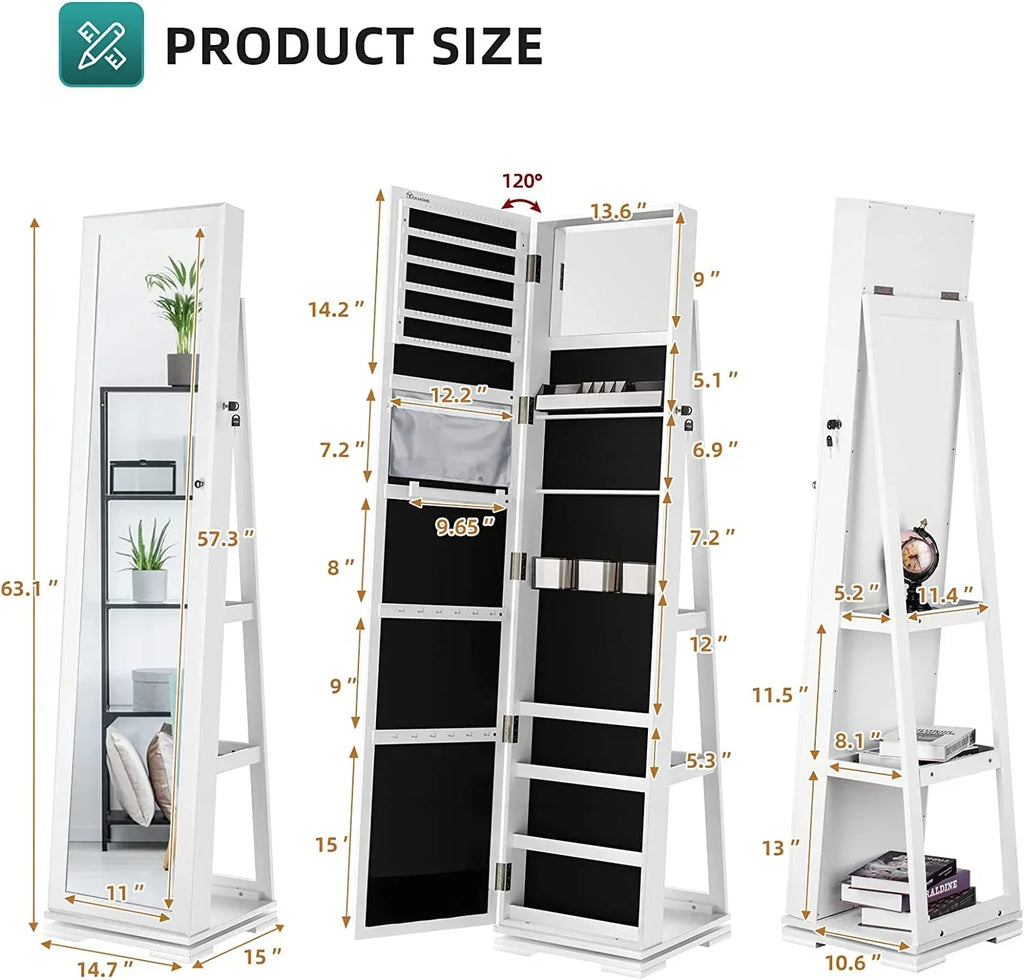 Dextrus 360 Degree Swivel Lockable Jewelry Cabinet With Full-Length Mirror And Rear Storage Shelves - White