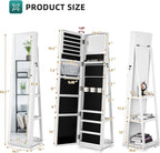 Dextrus 360 Degree Swivel Lockable Jewelry Cabinet With Full-Length Mirror And Rear Storage Shelves - White