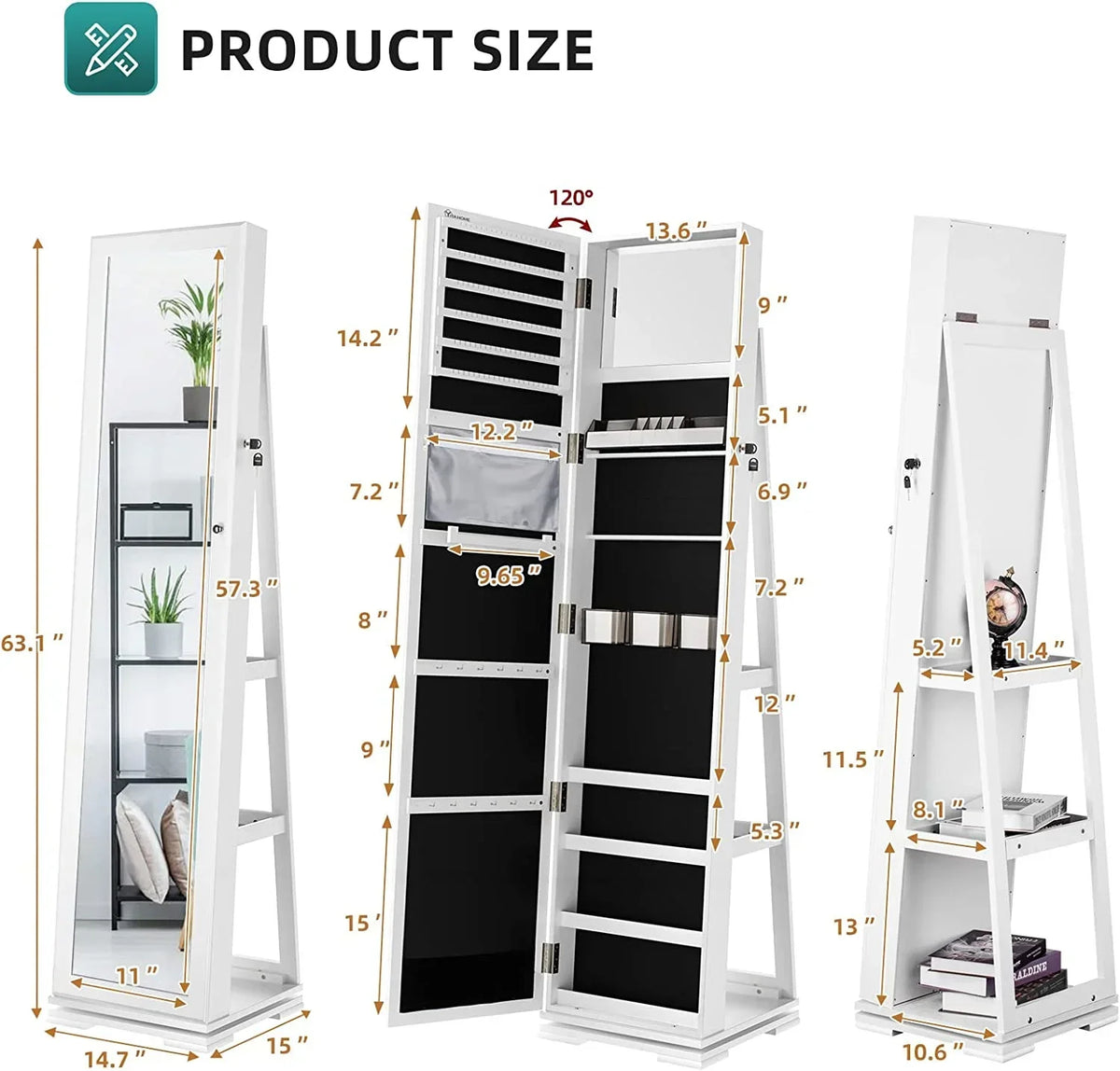 Dextrus 360 Degree Swivel Lockable Jewelry Cabinet With Full-Length Mirror And Rear Storage Shelves - White