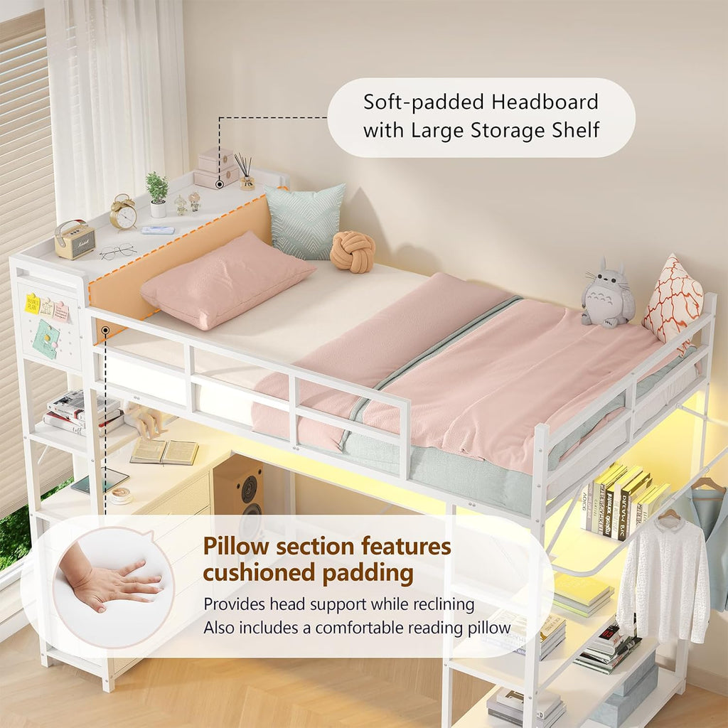 Twin Metal Loft Bed Frame With U-Shaped Desk, Storage Headboard, LED Lights, Power Outlet And 4 Drawers