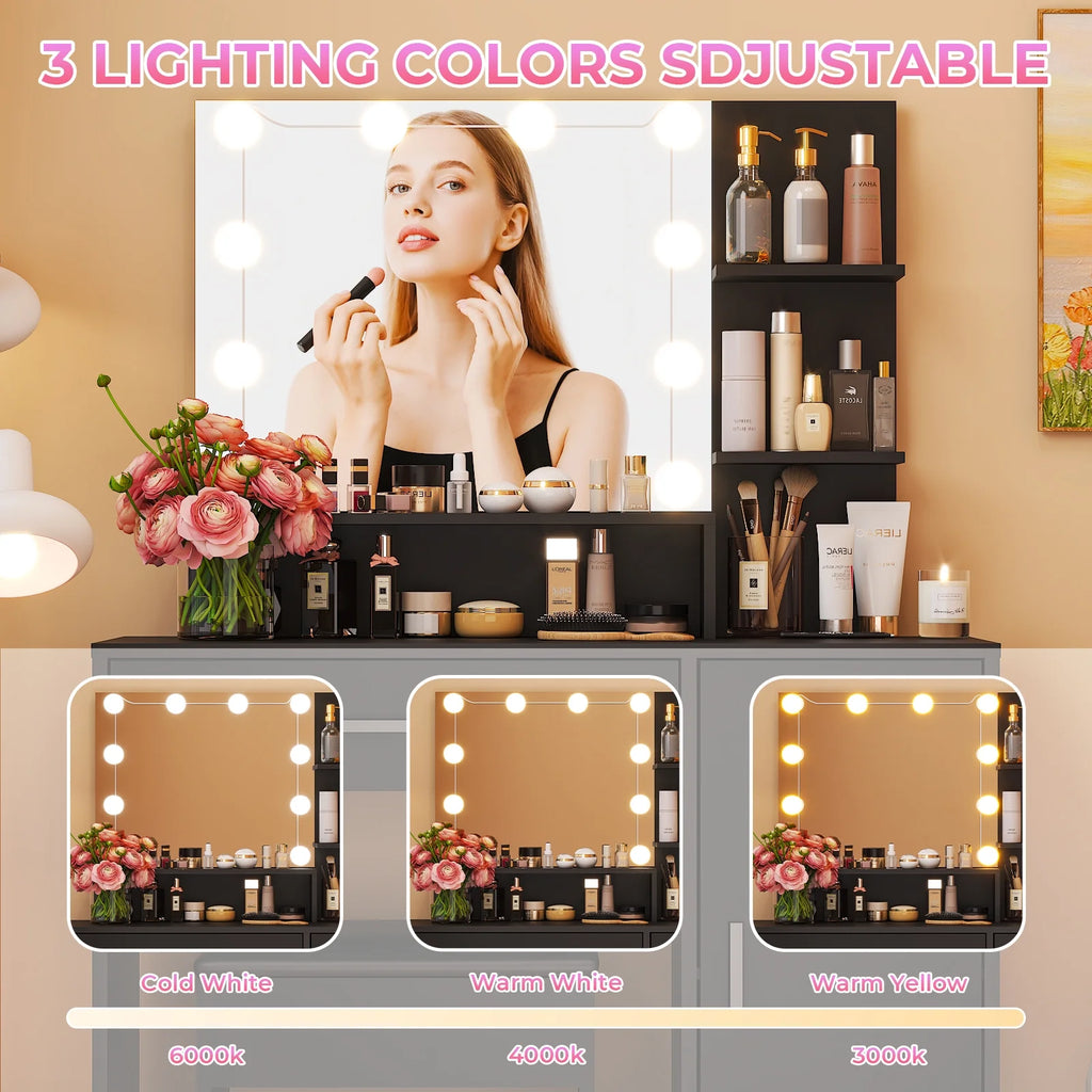 Ktaxon Vanity Makeup Table With Stool, 3-Color Lighted Mirror, 3 Shelves, Drawers, White - 35.43 x 15.55 x 29.53-53.27 in