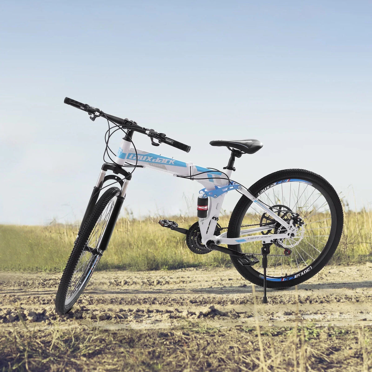 Outroad 26 inch 21 Speed Full Suspension Folding Mountain Bike, High-Carbon Steel, Double Disc Brakes - 120kg Capacity