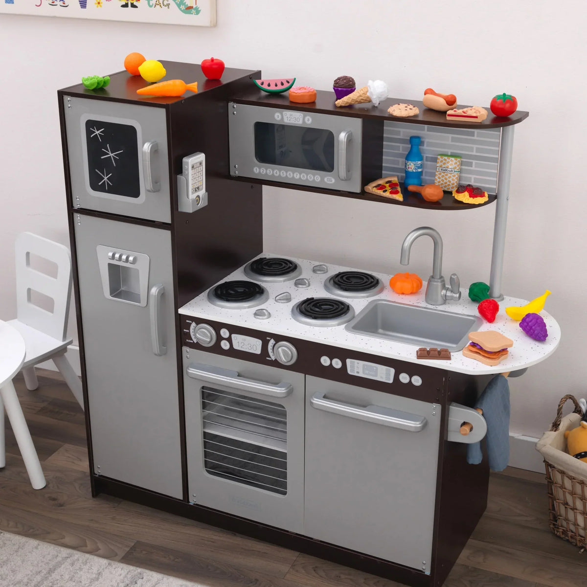 KidKraft Uptown Espresso Wooden Play Kitchen With 30-Piece Play Food Accessories