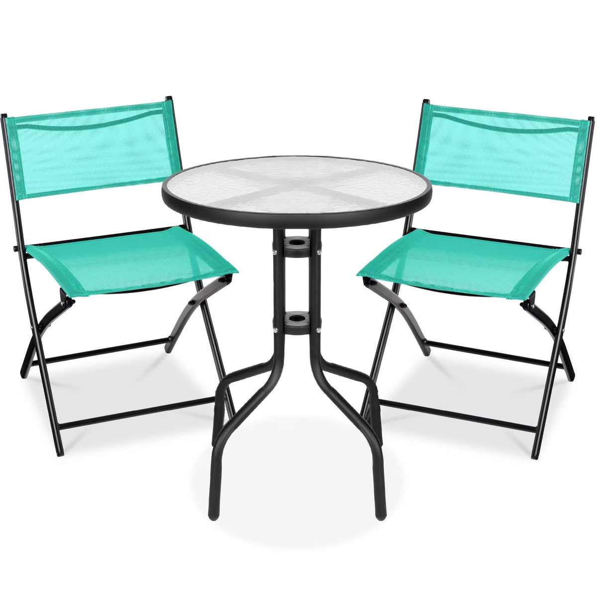 Best Choice Products 3-Piece Patio Bistro Dining Set With Glass Tabletop And Folding Chairs - Gray