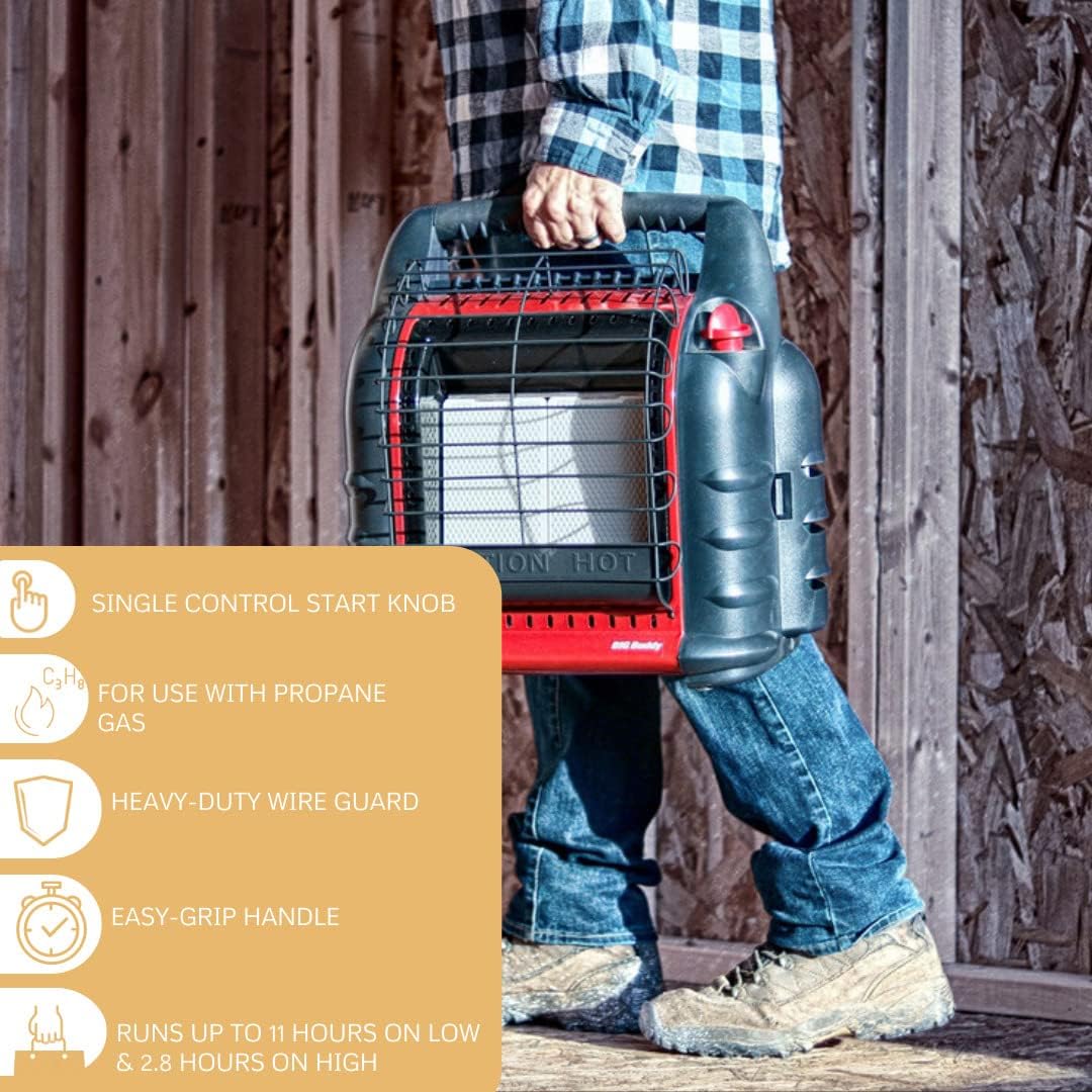 Mr. Heater Portable Big Buddy Propane Heater Bundle - 10-Ft Hose & Tank Adapter, 4 000 9 000 Or 18 000 BTU (3 Items)