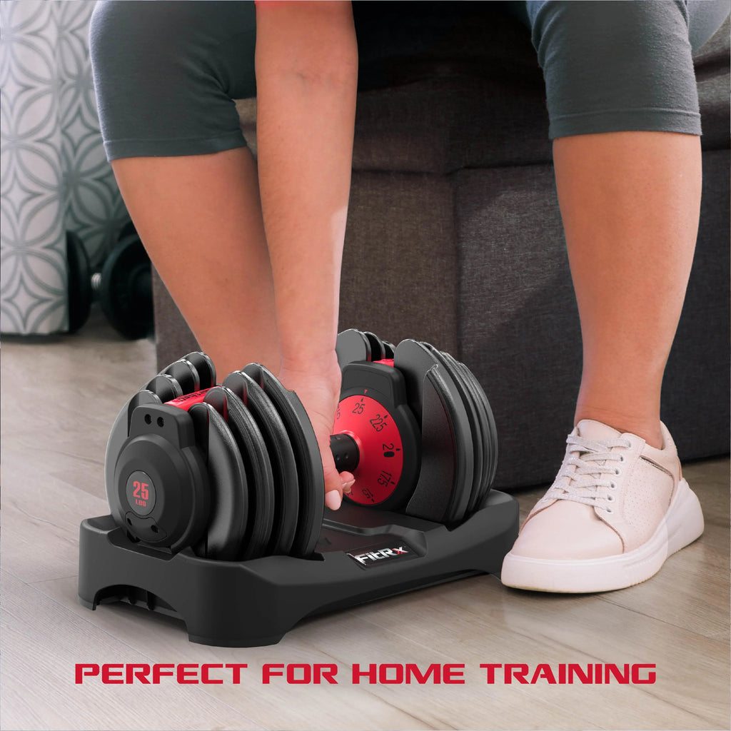 FitRx SmartBell Adjustable Dumbbell Set, 2-Pack, 25lb, 9-in-1 Quick-Select Weights, 2.5lb Increments