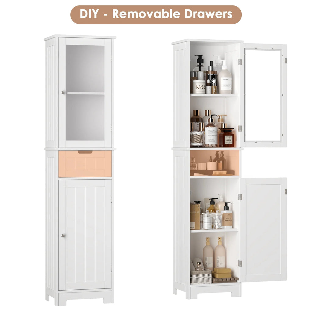 Homfa Tall Narrow Bathroom Storage Cabinet With Door And Drawer, 15.7in L x 11.8in W x 67in H, White