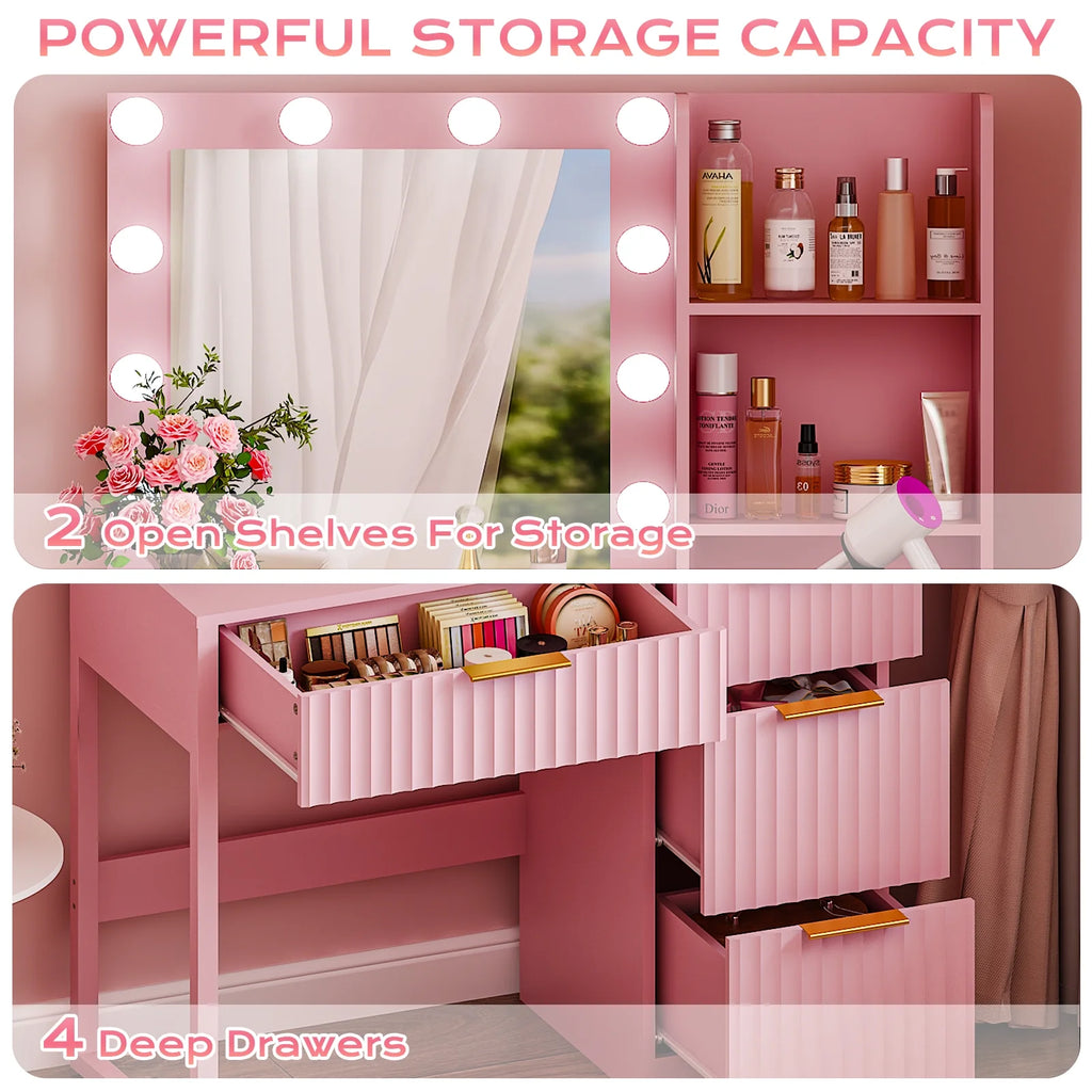 Ktaxon Vanity Makeup Table With Stool, 3-Color Lighted Mirror, 3 Shelves, Drawers, White - 35.43 x 15.55 x 29.53-53.27 in