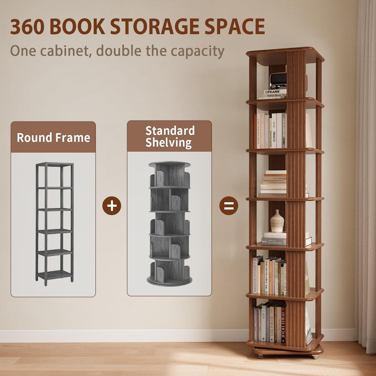 Solid Wood 6-Tier 360 Degree Rotating Rolling Bookshelf - Walnut