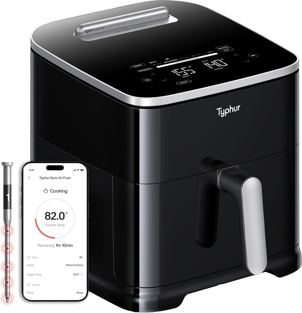 Typhur Sync AI Smart Air Fryer, 8QT Ceramic, Wireless Meat Thermometer, 450F, 120V