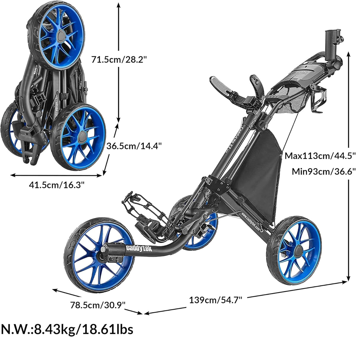3-Wheel Foldable Golf Push Cart With Foot Brake - CaddyLite EZ V8