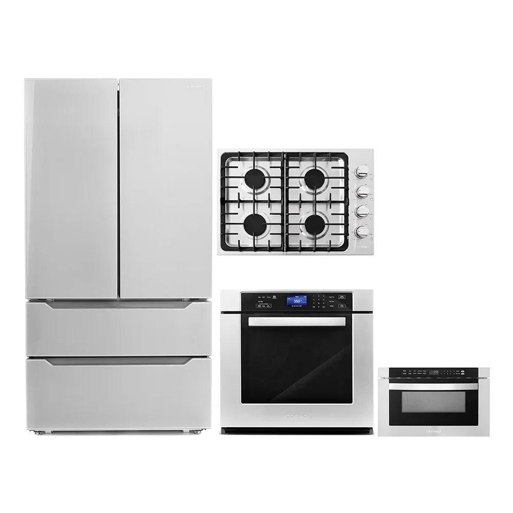 4-Piece Kitchen Appliance Package - 30 in Gas Cooktop, 30 in Electric Wall Oven, 24 in Microwave Drawer, Energy Star French Door Refrigerator
