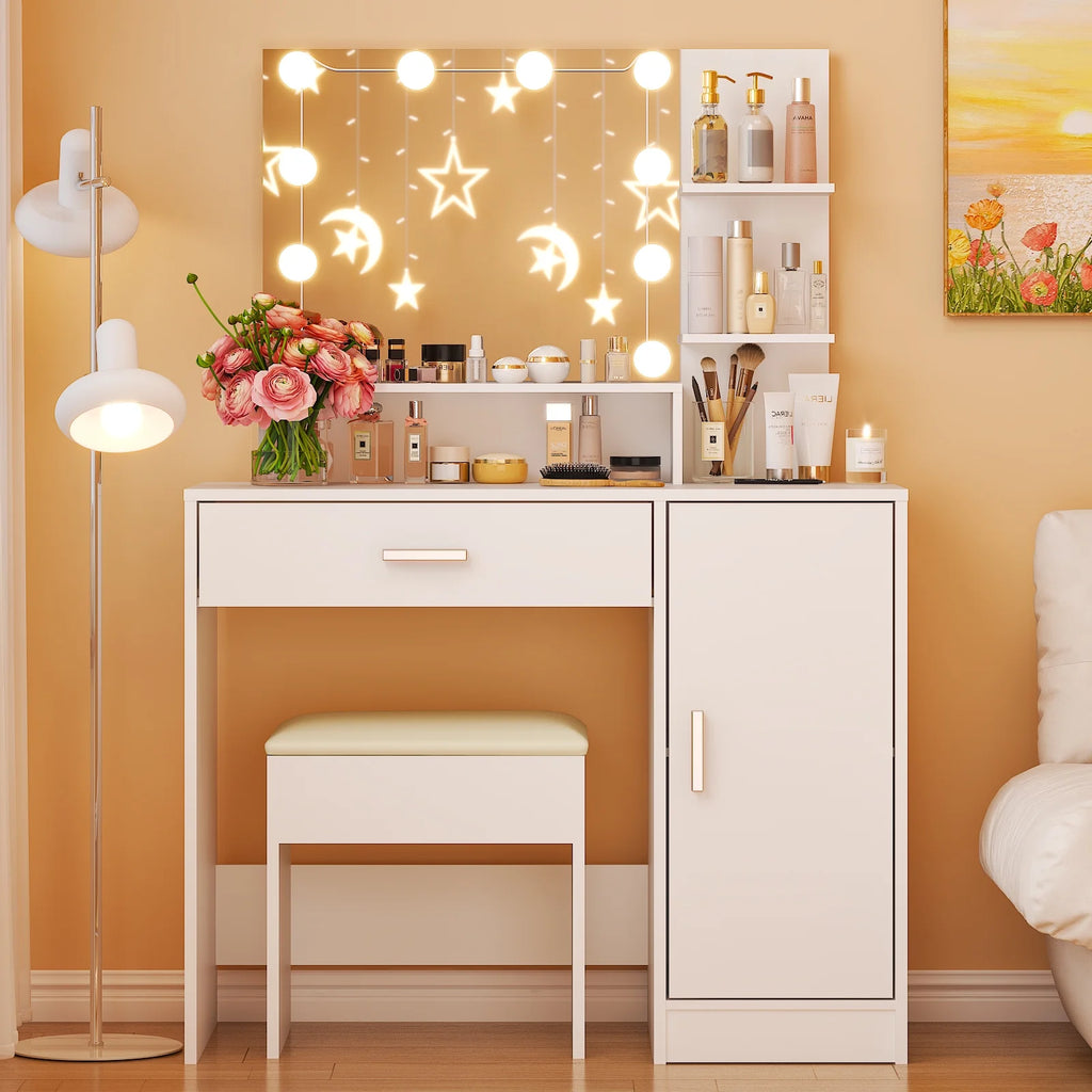 Ktaxon Vanity Makeup Table With Stool, 3-Color Lighted Mirror, 3 Shelves, Drawers, White - 35.43 x 15.55 x 29.53-53.27 in