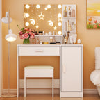 Ktaxon Vanity Makeup Table With Stool, 3-Color Lighted Mirror, 3 Shelves, Drawers, White - 35.43 x 15.55 x 29.53-53.27 in