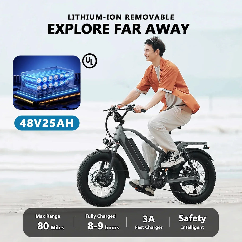 Adult Folding Electric Bike, 20in Fat Tire, 750W, 48V 25AH, 7 Speed, 20MPH - RS