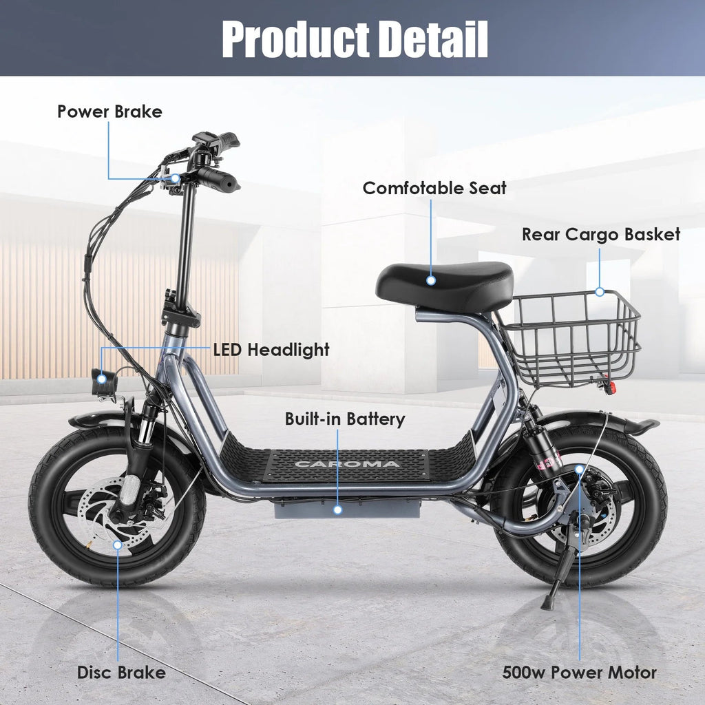 SANOPY Electric Scooter With Seat for Adults, 350W, 15 Miles, 20 Mph, 36V 5.2Ah, 14 inch Tire - Black