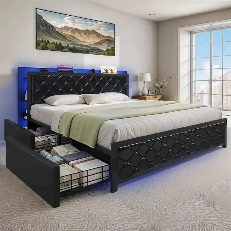 Moasis Queen Platform Bed Frame With PU Upholstery, LED Lighting And 4 Storage Drawers