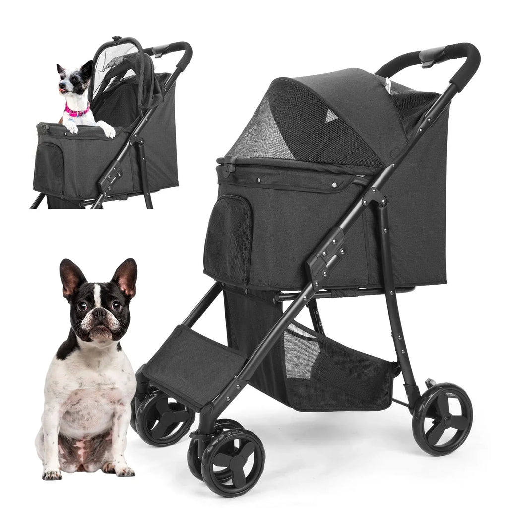 Wedyvko 4 Wheel Foldable Pet Stroller With Storage Basket For Small Medium Dogs & Cats - Black