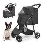 Wedyvko 4 Wheel Foldable Pet Stroller With Storage Basket For Small Medium Dogs & Cats - Black