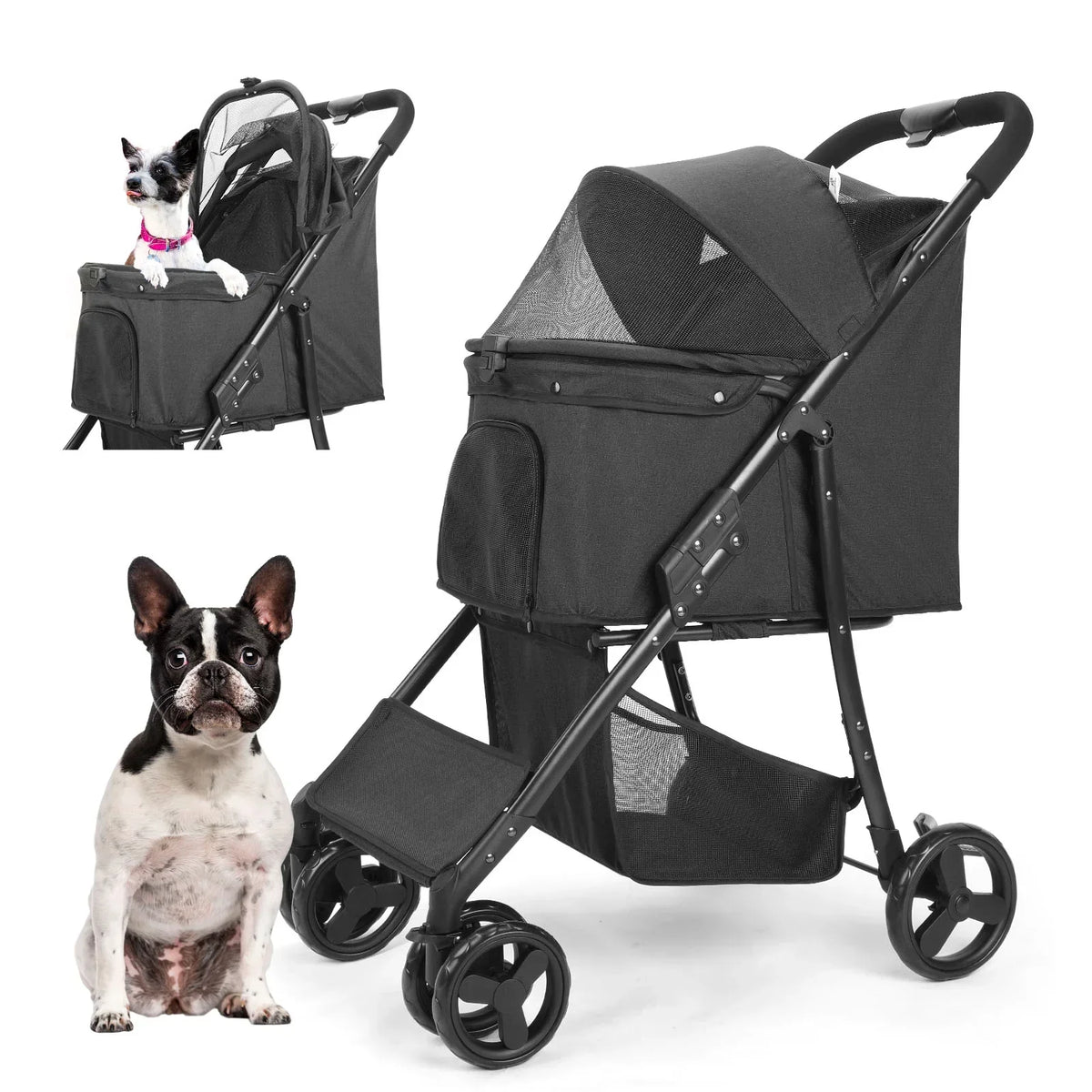 Wedyvko 4 Wheel Foldable Pet Stroller With Storage Basket For Small Medium Dogs & Cats - Black